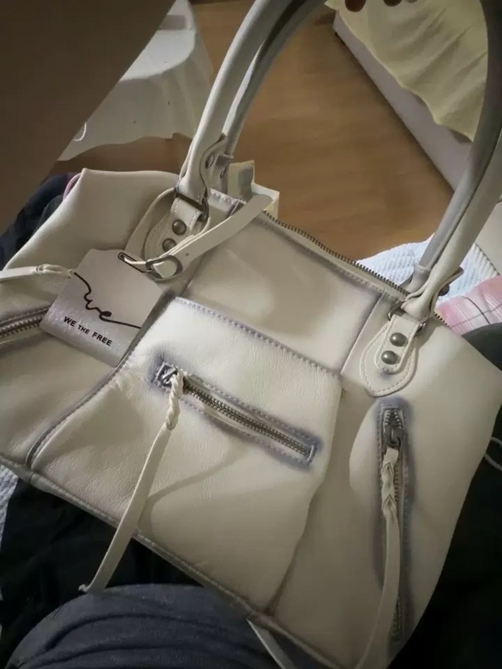 Free People Cream Leather Crossbody Tote with Front Zip Pockets
